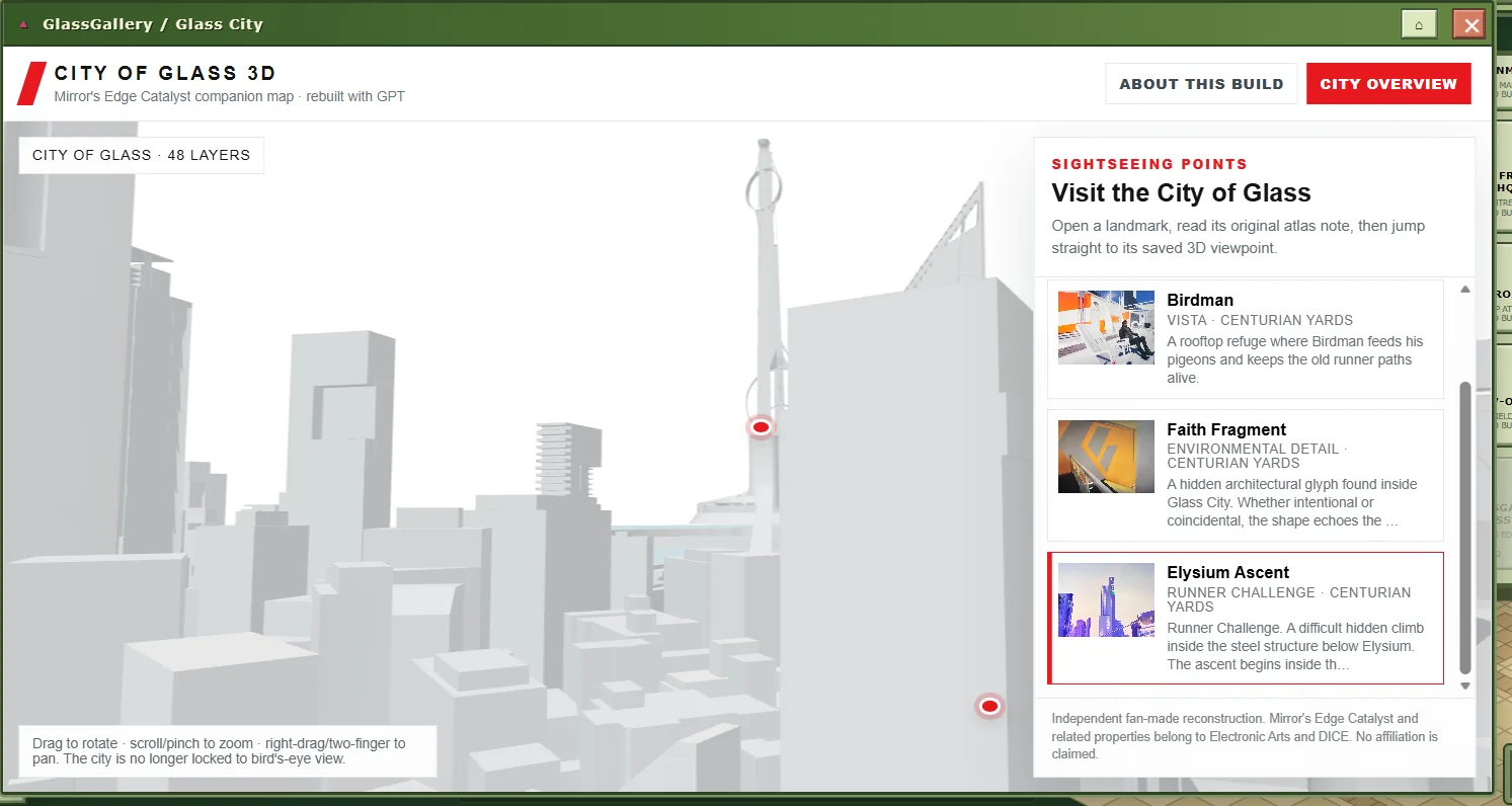 City of Glass 3D desktop close-range freecam view with tall white city architecture and the sightseeing points panel open