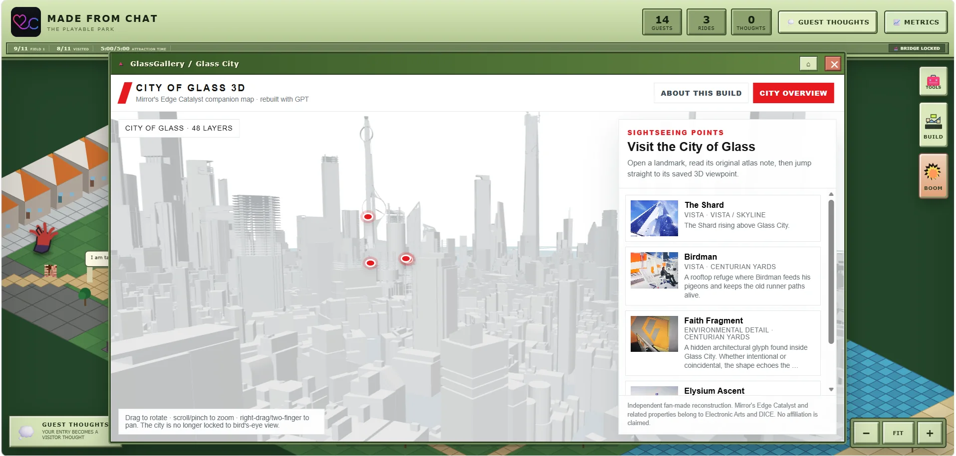 GlassGallery City of Glass 3D on desktop with the sightseeing points panel open showing The Shard, Birdman, Faith Fragment and Elysium Ascent