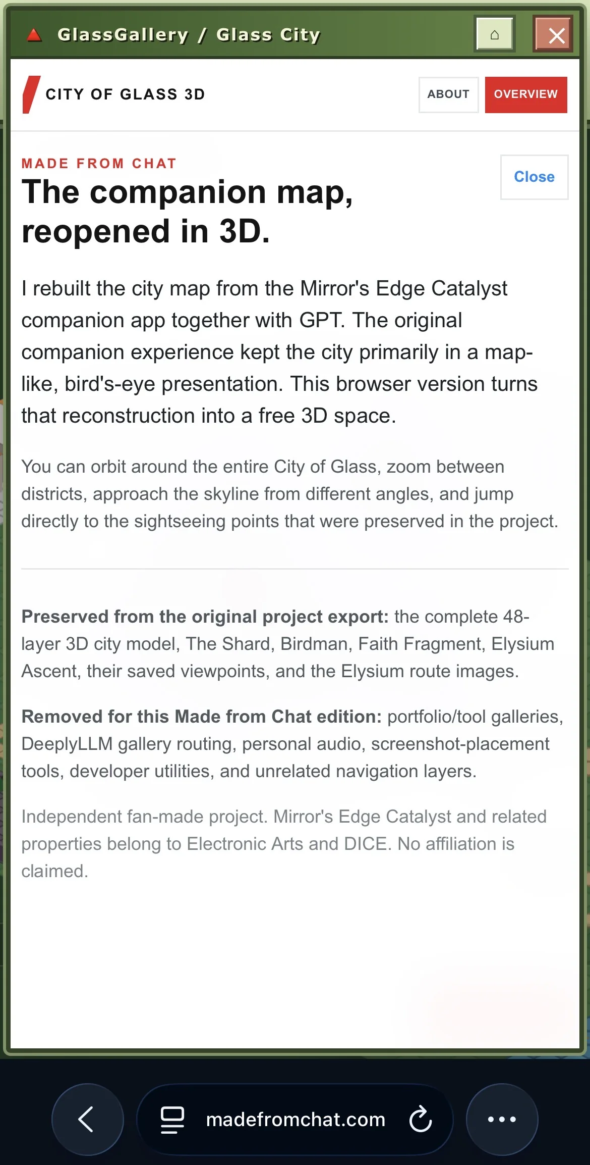 City of Glass 3D About screen on iPhone explaining the Mirror's Edge Catalyst companion map reconstruction made with GPT