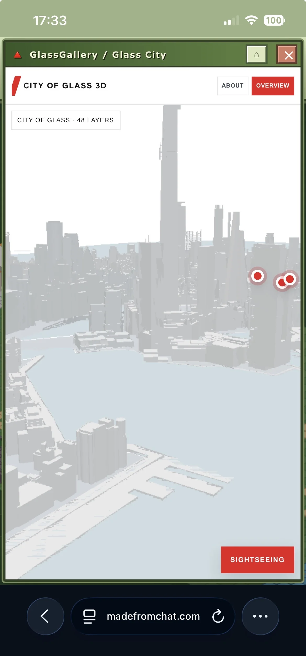 City of Glass 3D mobile freecam view on iPhone inside Made From Chat with a red Sightseeing button above the Safari browser controls