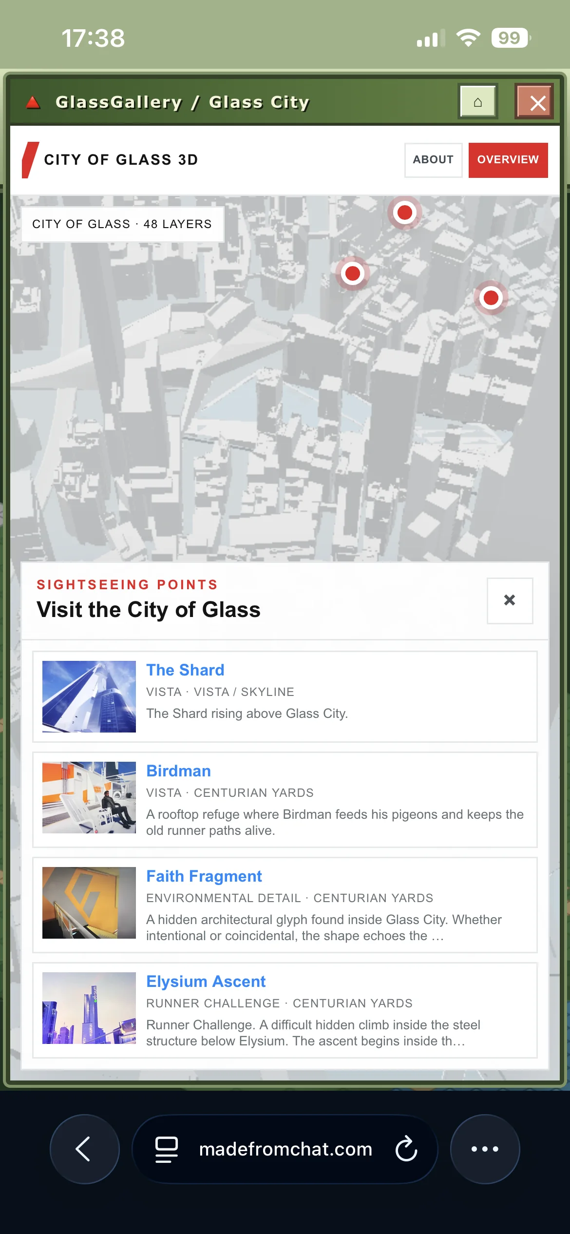 City of Glass 3D sightseeing points panel open on iPhone showing The Shard, Birdman, Faith Fragment and Elysium Ascent over the 3D city