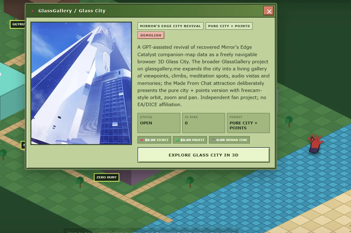 GlassGallery Glass City attraction information window in Made From Chat with The Shard image, ticket, profit and human time metrics