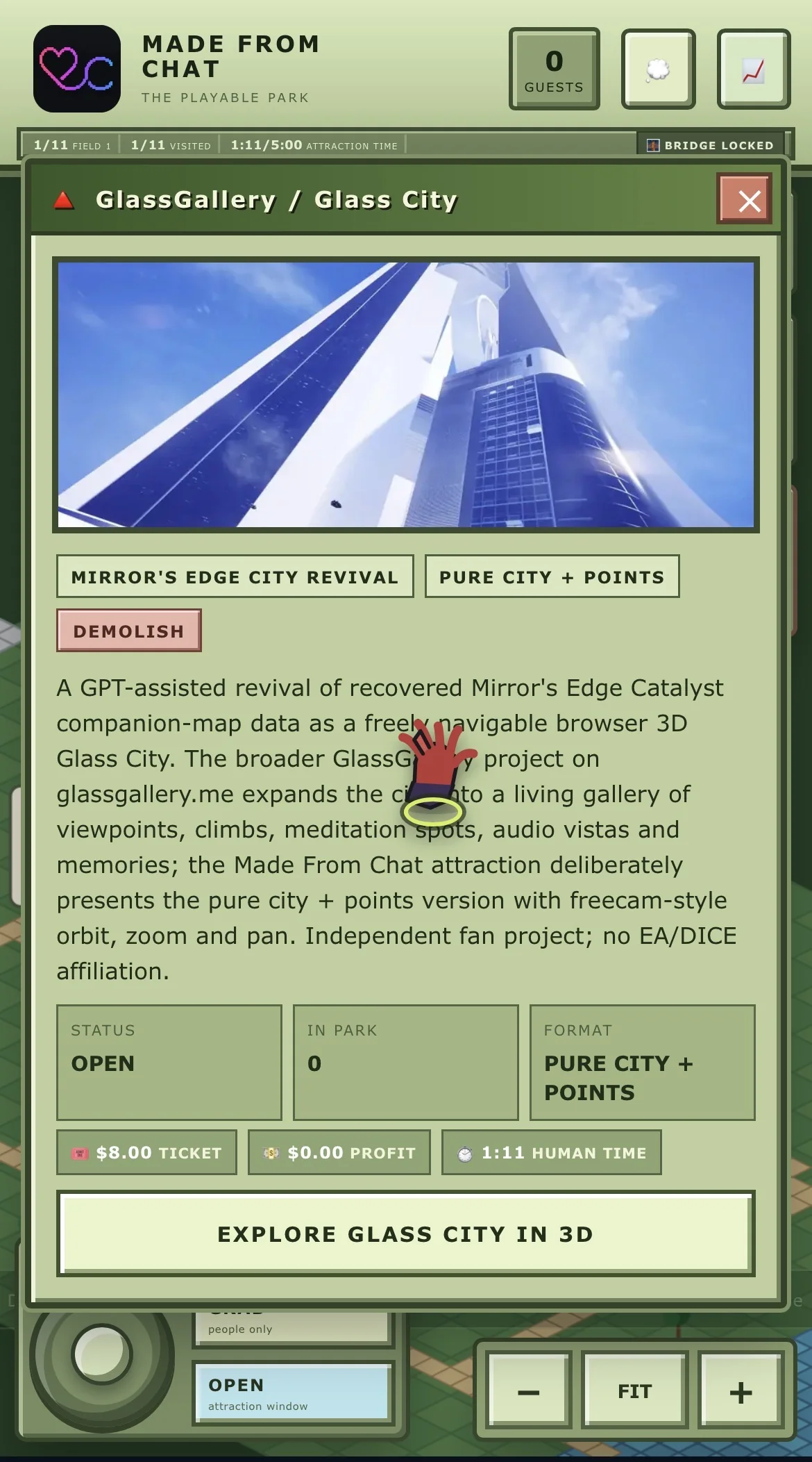 GlassGallery Glass City Made From Chat attraction card on iPhone with The Shard image, project description, ticket, human time and Explore Glass City in 3D button