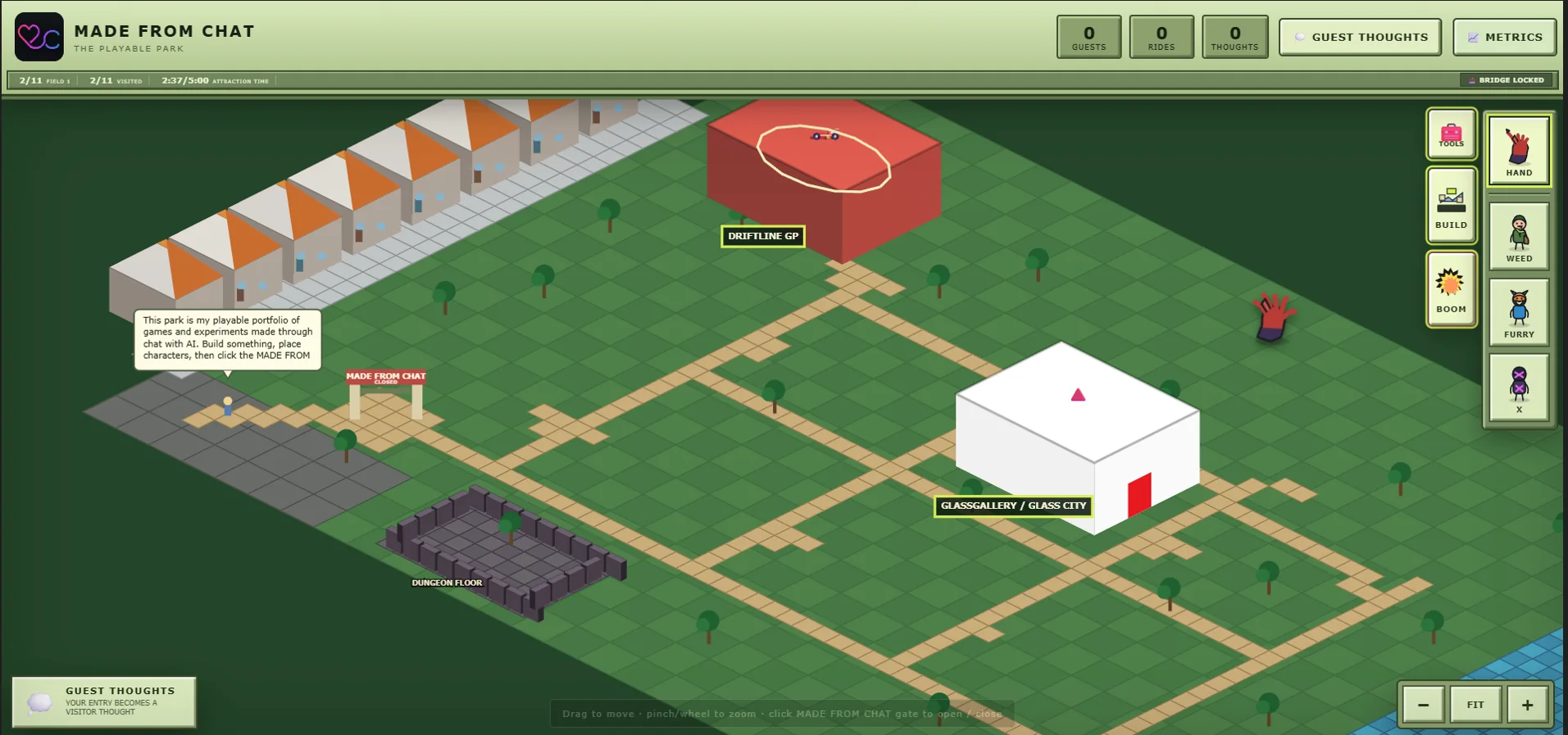 Made From Chat isometric park with the white GlassGallery Glass City attraction building, red right-side door and red roof marker