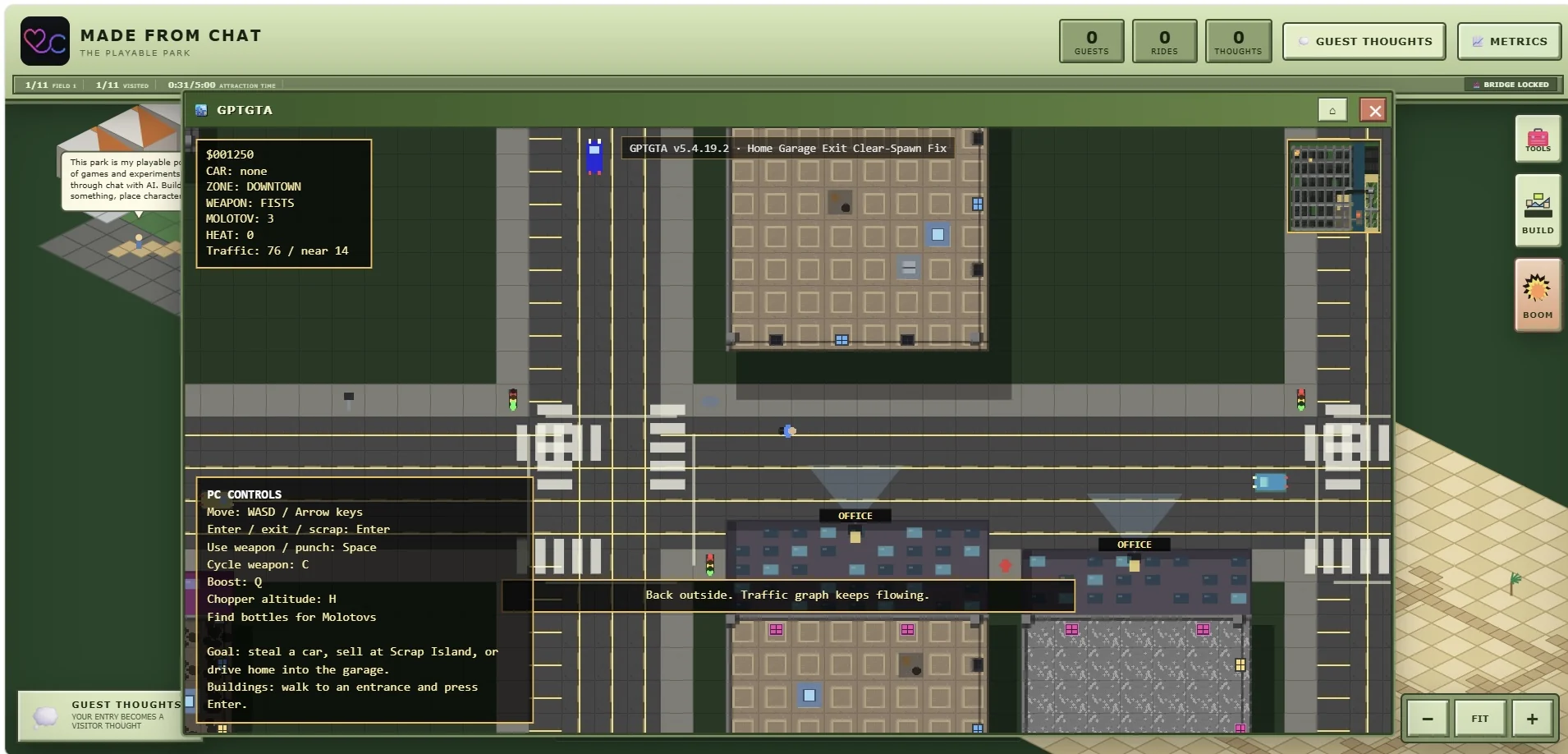 GPTGTA top-down browser city sandbox running inside the Made From Chat attraction window on desktop