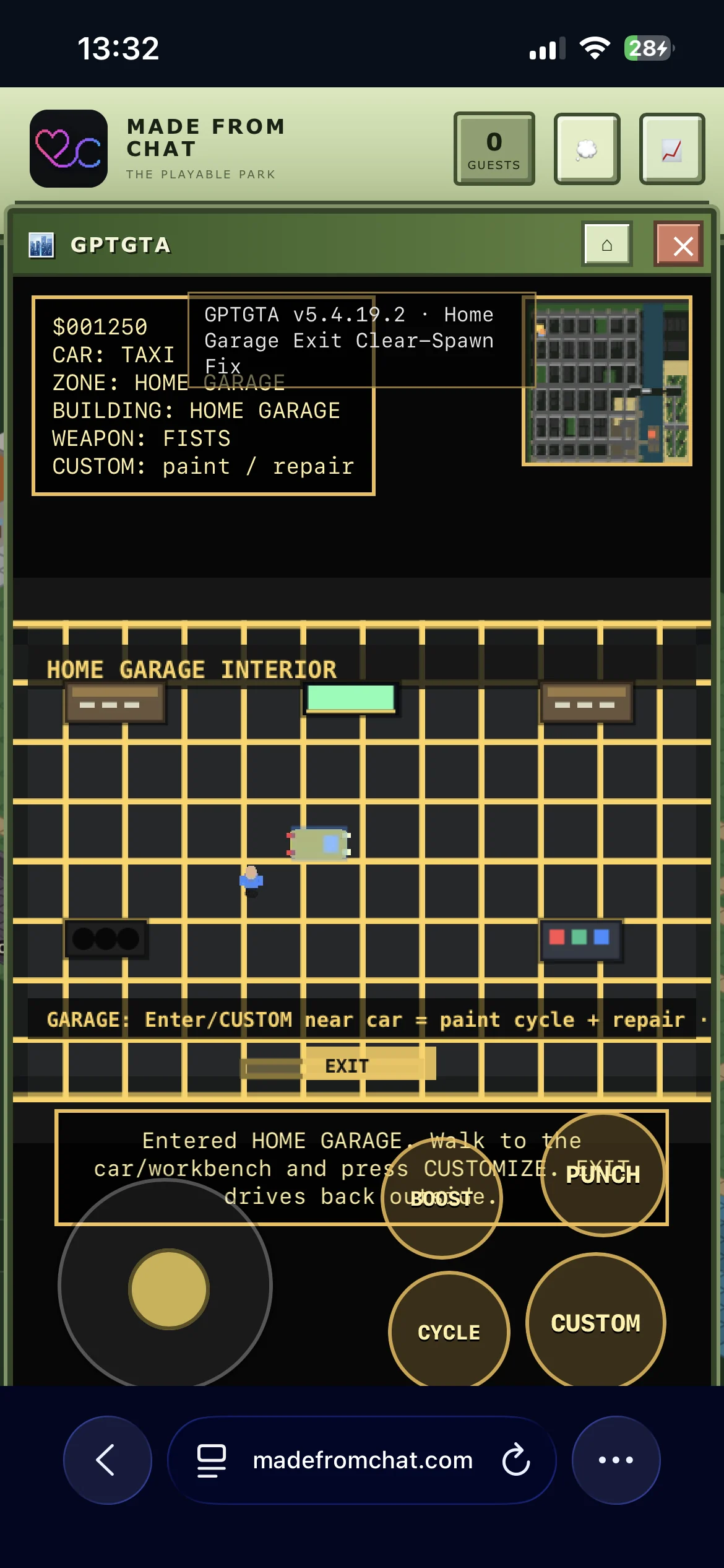 Mobile GPTGTA Home Garage interior with touch joystick and action controls inside Made From Chat