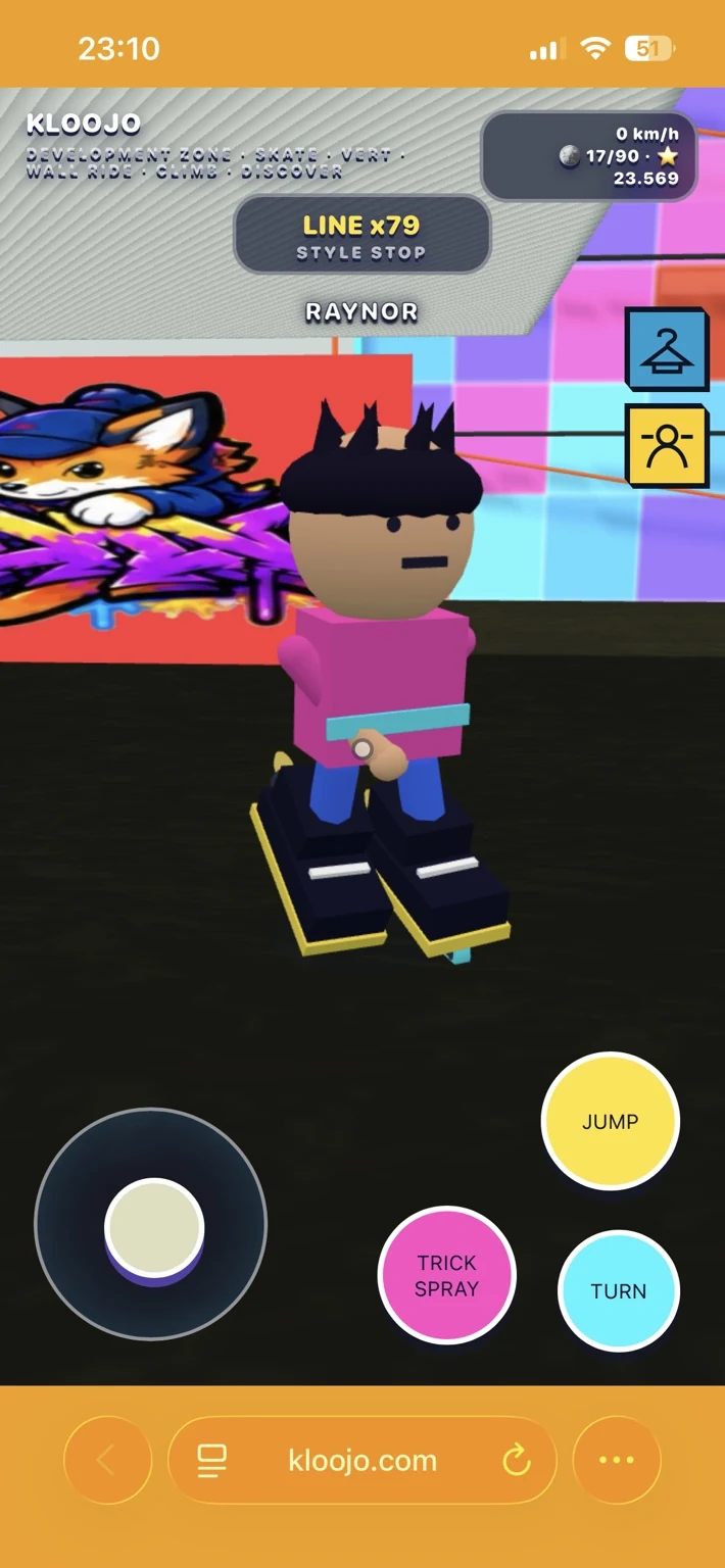 KLOOJO mobile gameplay with the skater beside a large colorful graffiti wall