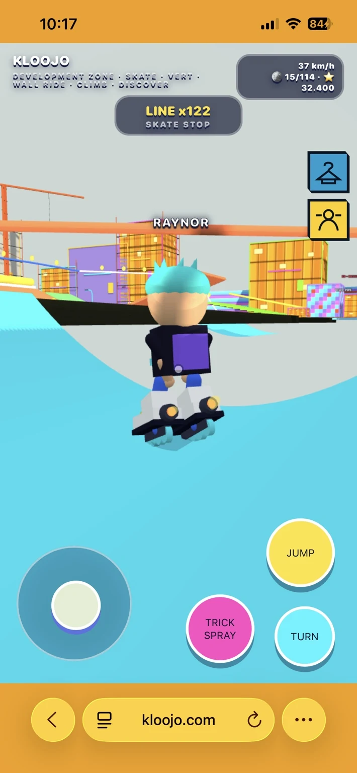 KLOOJO mobile gameplay at 37 kilometers per hour in a cyan halfpipe area