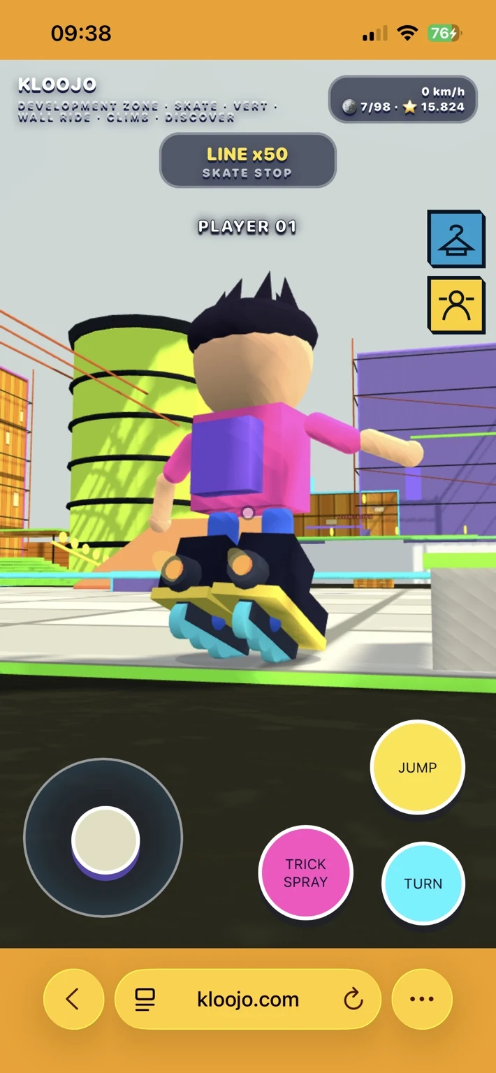 Rear close-up of KLOOJO character showing oversized black inline skates with cyan wheels and yellow soles