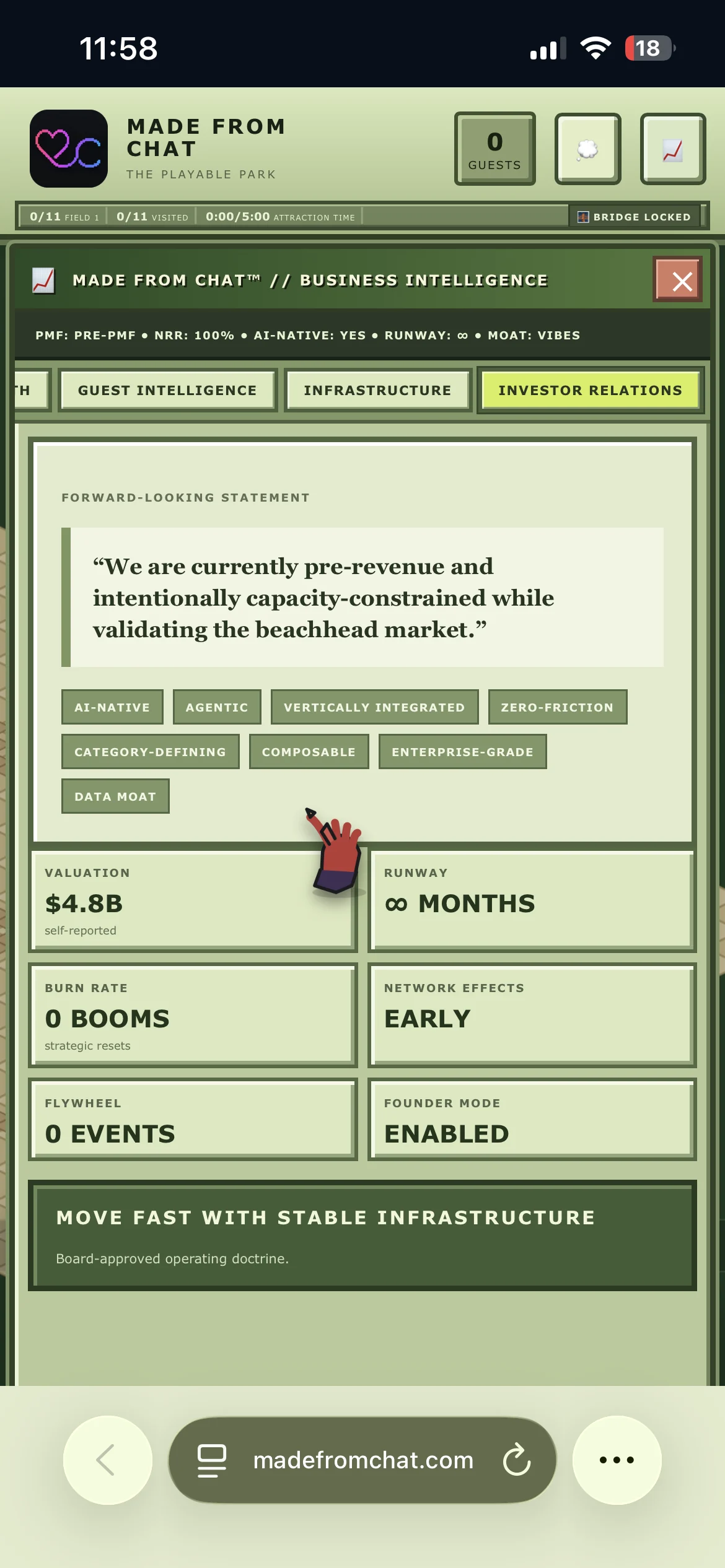 Made From Chat Investor Relations metrics parody with valuation, runway, burn rate, network effects and founder mode