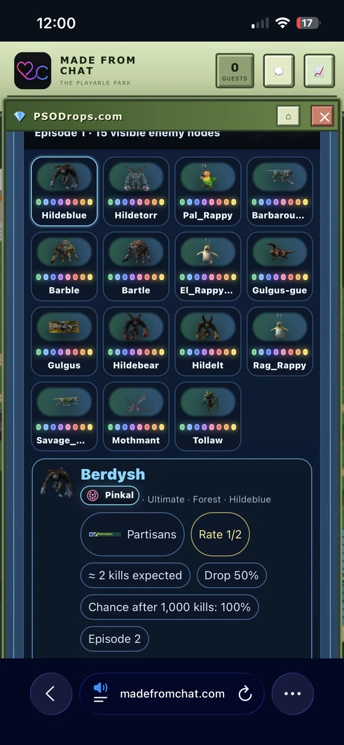 PSODrops.com mobile Phantasy Star Online enemy and drop route atlas inside Made From Chat
