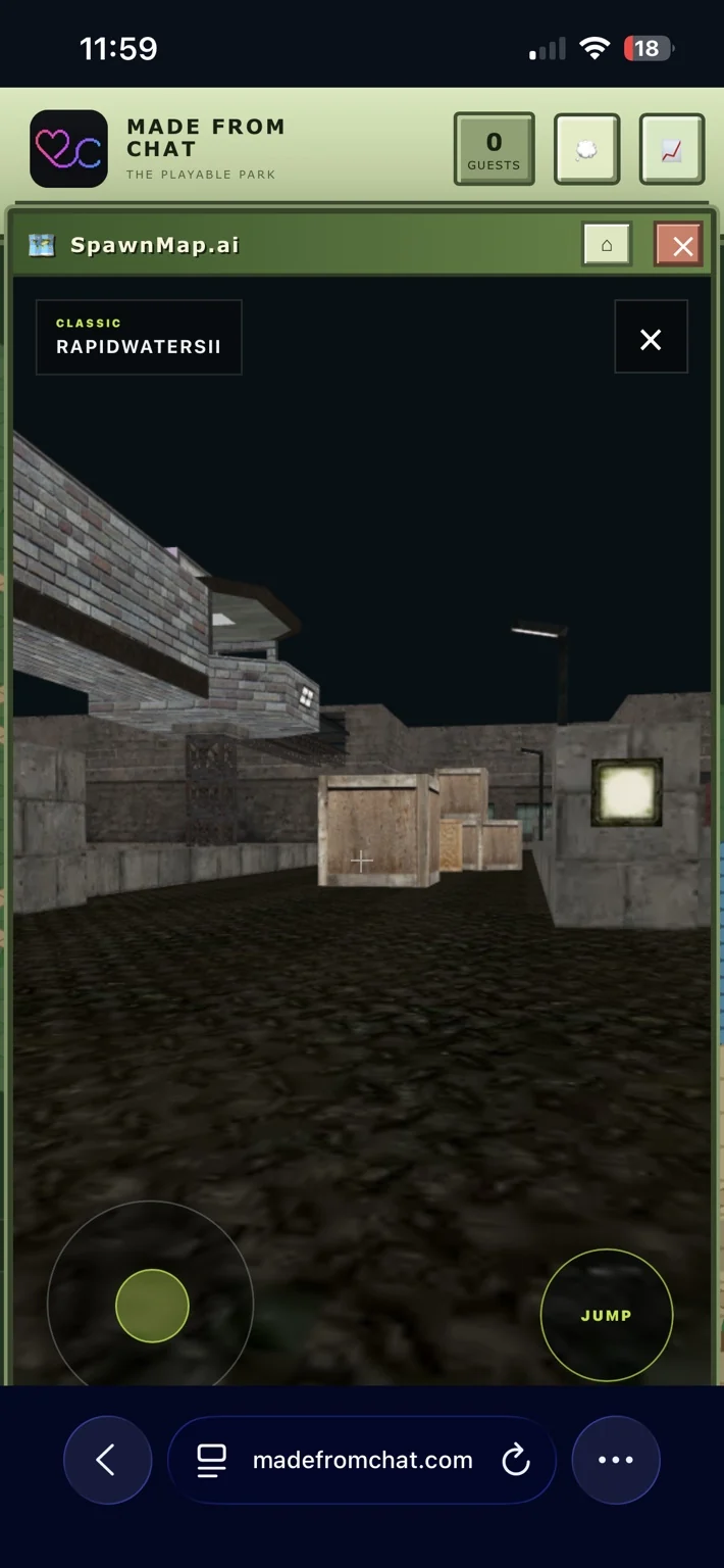 SpawnMap.ai RapidwatersII Tactical Ops map in mobile first-person spectator view inside Made From Chat