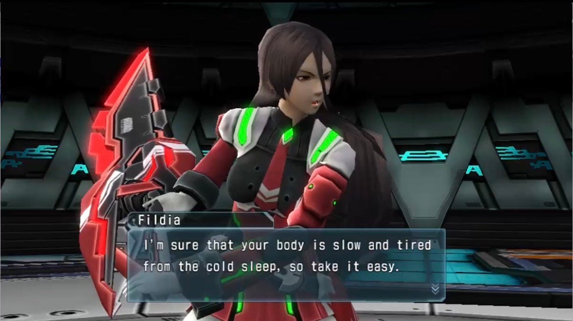 Phantasy Star Nova translated dialogue screenshot with Fildia speaking indoors