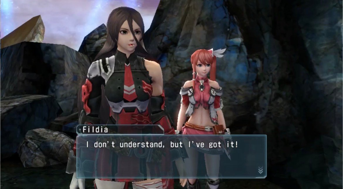 Phantasy Star Nova translated field dialogue screenshot with Fildia and another character