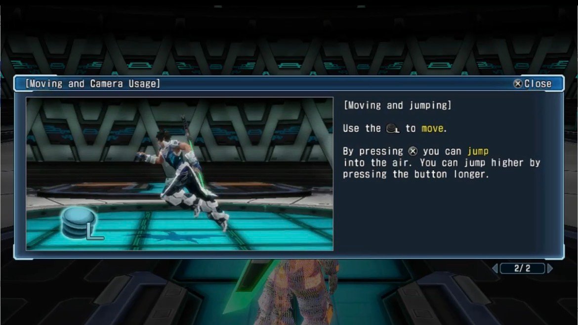 Phantasy Star Nova translated tutorial screen showing movement and jumping instructions