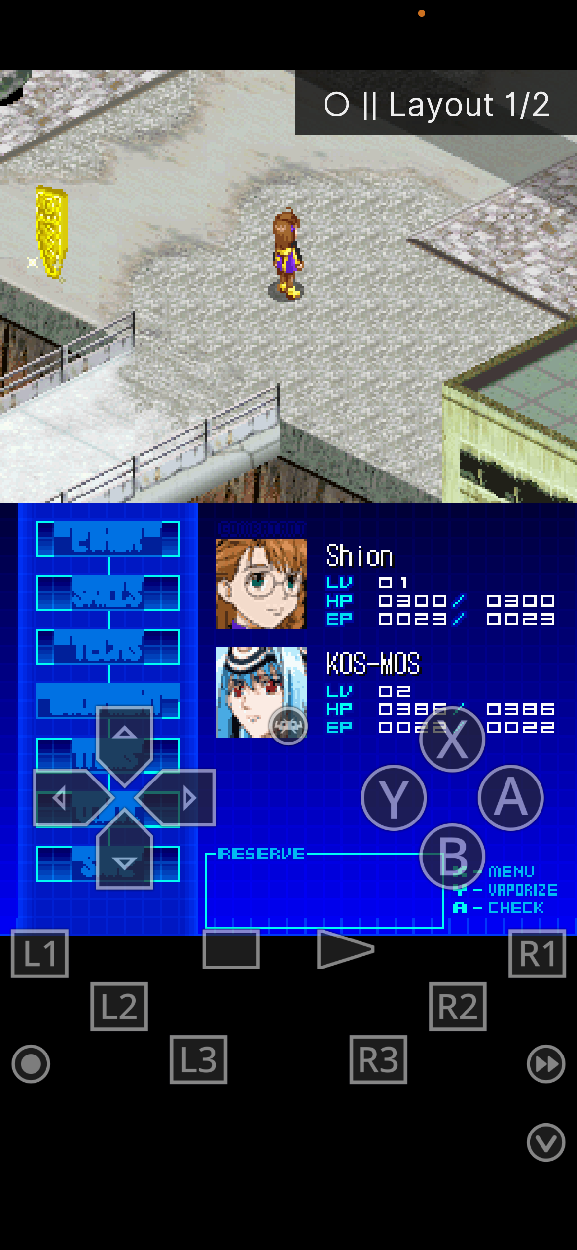 Xenosaga I+II Nintendo DS translated Allen dialogue screenshot with emulator layout visible