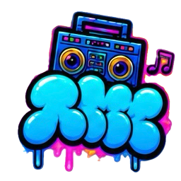 KLOOJO blue graffiti lettering with a colorful boombox