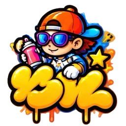 KLOOJO graffiti with orange cap, spray can and bright yellow bubble lettering
