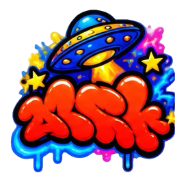 KLOOJO UFO graffiti with orange cloud lettering and blue yellow stars